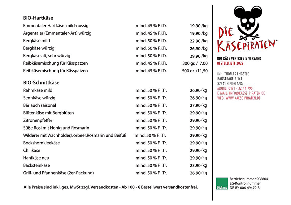 Käsepiraten Bestellliste